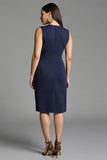 Bodycon Navy V Neck Midi Work Dress With Sash