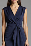 Bodycon Navy V Neck Midi Work Dress With Sash