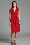 Bodycon Navy V Neck Midi Work Dress With Sash