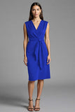 Bodycon Navy V Neck Midi Work Dress With Sash