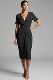 Simple Champagne Ruched Bodycon V-Neck Midi Work Dress