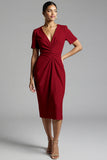 Simple Champagne Ruched Bodycon V-Neck Midi Work Dress