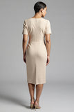Simple Champagne Ruched Bodycon V-Neck Midi Work Dress