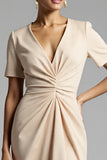 Simple Champagne Ruched Bodycon V-Neck Midi Work Dress