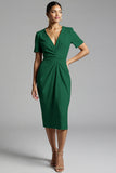 Simple Champagne Ruched Bodycon V-Neck Midi Work Dress