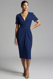Simple Champagne Ruched Bodycon V-Neck Midi Work Dress