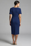 Simple Champagne Ruched Bodycon V-Neck Midi Work Dress