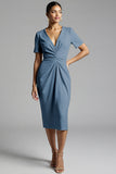 Simple Champagne Ruched Bodycon V-Neck Midi Work Dress
