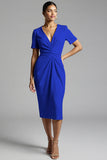 Simple Champagne Ruched Bodycon V-Neck Midi Work Dress