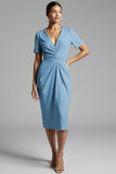 Simple Champagne Ruched Bodycon V-Neck Midi Work Dress