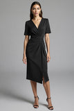 Navy Bodycon Ruched Midi V Neck Work Dress With Slit