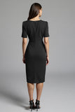 Navy Bodycon Ruched Midi V Neck Work Dress With Slit