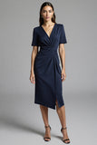 Navy Bodycon Ruched Midi V Neck Work Dress With Slit