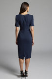 Navy Bodycon Ruched Midi V Neck Work Dress With Slit