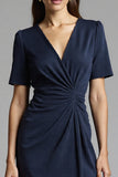 Navy Bodycon Ruched Midi V Neck Work Dress With Slit