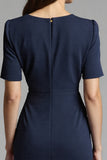 Navy Bodycon Ruched Midi V Neck Work Dress With Slit