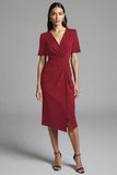 Navy Bodycon Ruched Midi V Neck Work Dress With Slit