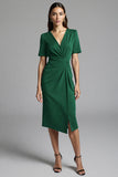 Navy Bodycon Ruched Midi V Neck Work Dress With Slit