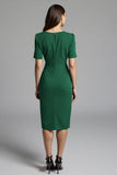 Navy Bodycon Ruched Midi V Neck Work Dress With Slit