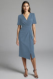 Navy Bodycon Ruched Midi V Neck Work Dress With Slit