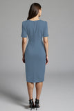 Navy Bodycon Ruched Midi V Neck Work Dress With Slit