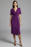 Navy Bodycon Ruched Midi V Neck Work Dress With Slit