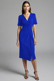 Navy Bodycon Ruched Midi V Neck Work Dress With Slit