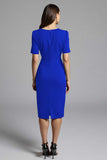 Navy Bodycon Ruched Midi V Neck Work Dress With Slit