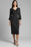 Bodycon Navy Beaded V Neck 3/4 Sleeves Midi Work Dress