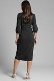 Bodycon Navy Beaded V Neck 3/4 Sleeves Midi Work Dress