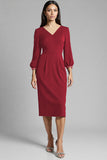 Bodycon Navy Beaded V Neck 3/4 Sleeves Midi Work Dress
