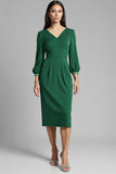 Bodycon Navy Beaded V Neck 3/4 Sleeves Midi Work Dress