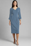 Bodycon Navy Beaded V Neck 3/4 Sleeves Midi Work Dress