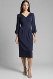 Bodycon Navy Beaded V Neck 3/4 Sleeves Midi Work Dress