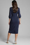 Bodycon Navy Beaded V Neck 3/4 Sleeves Midi Work Dress