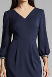 Bodycon Navy Beaded V Neck 3/4 Sleeves Midi Work Dress