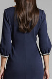 Bodycon Navy Beaded V Neck 3/4 Sleeves Midi Work Dress