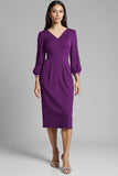 Bodycon Navy Beaded V Neck 3/4 Sleeves Midi Work Dress