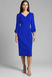 Bodycon Navy Beaded V Neck 3/4 Sleeves Midi Work Dress