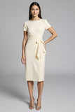 Sparkly Beige Beaded Bodycon Ruched Midi Work Dress with Sash