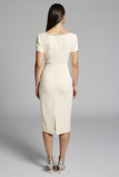 Sparkly Beige Beaded Bodycon Ruched Midi Work Dress with Sash