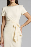 Sparkly Beige Beaded Bodycon Ruched Midi Work Dress with Sash