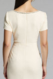 Sparkly Beige Beaded Bodycon Ruched Midi Work Dress with Sash