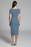 Sparkly Beige Beaded Bodycon Ruched Midi Work Dress with Sash