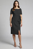 Sparkly Beaded Champagne Ruched Midi Work Dress with Slit
