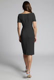 Sparkly Beaded Champagne Ruched Midi Work Dress with Slit