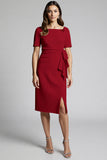 Sparkly Beaded Champagne Ruched Midi Work Dress with Slit