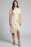 Sparkly Beaded Champagne Ruched Midi Work Dress with Slit