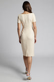 Sparkly Beaded Champagne Ruched Midi Work Dress with Slit