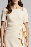 Sparkly Beaded Champagne Ruched Midi Work Dress with Slit